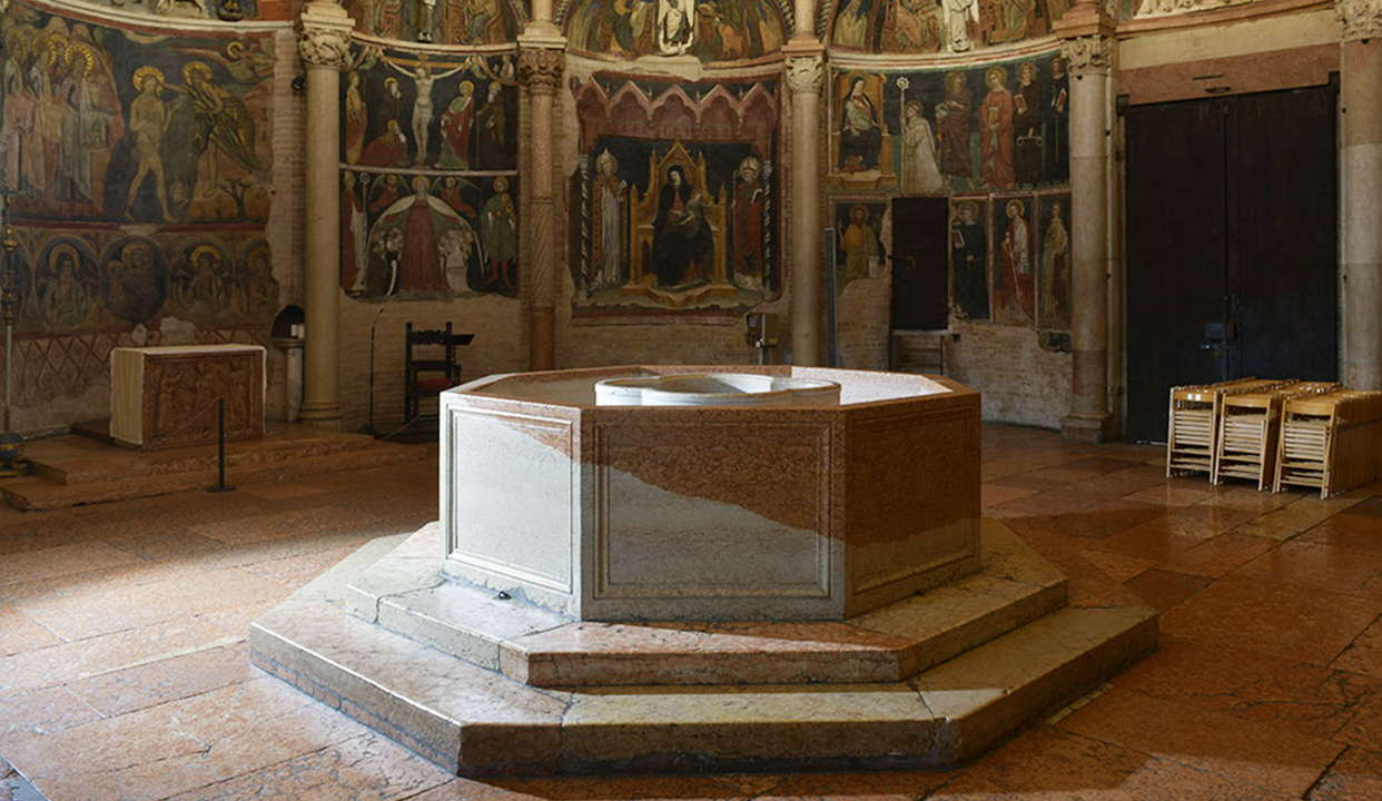 The two baptismal fonts and the altar